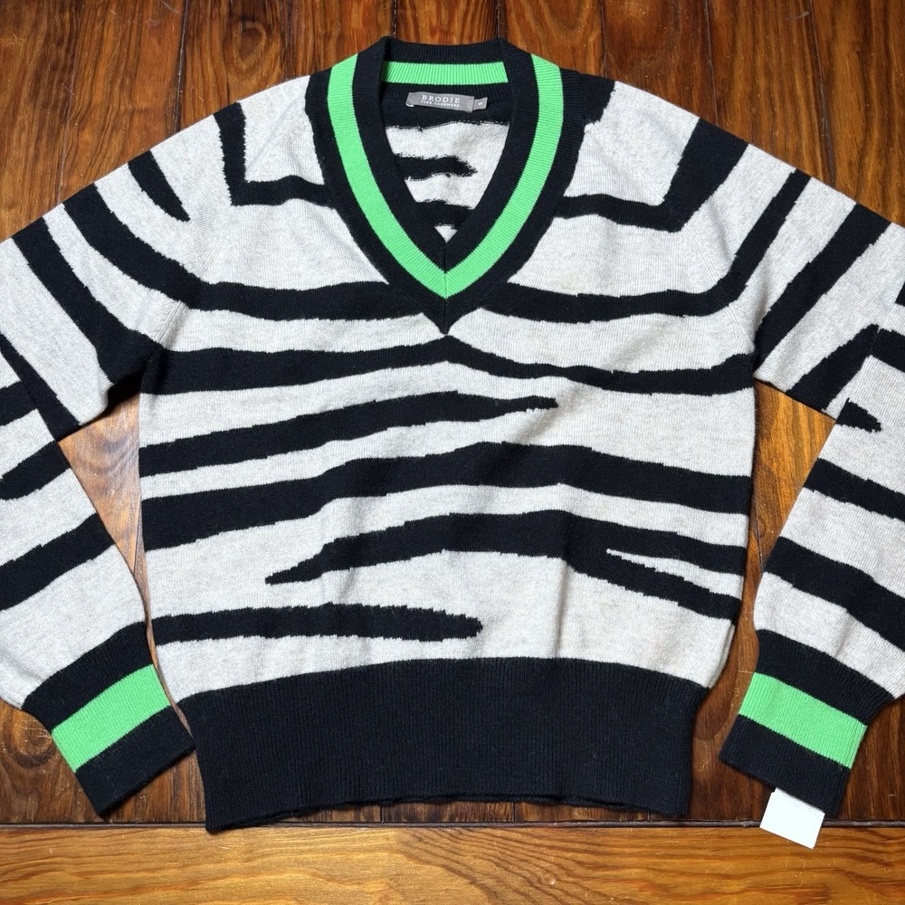 Brodie Fine CASHMERE Nordstrom Zebra Animal Print Striped Sweater Neon Green S